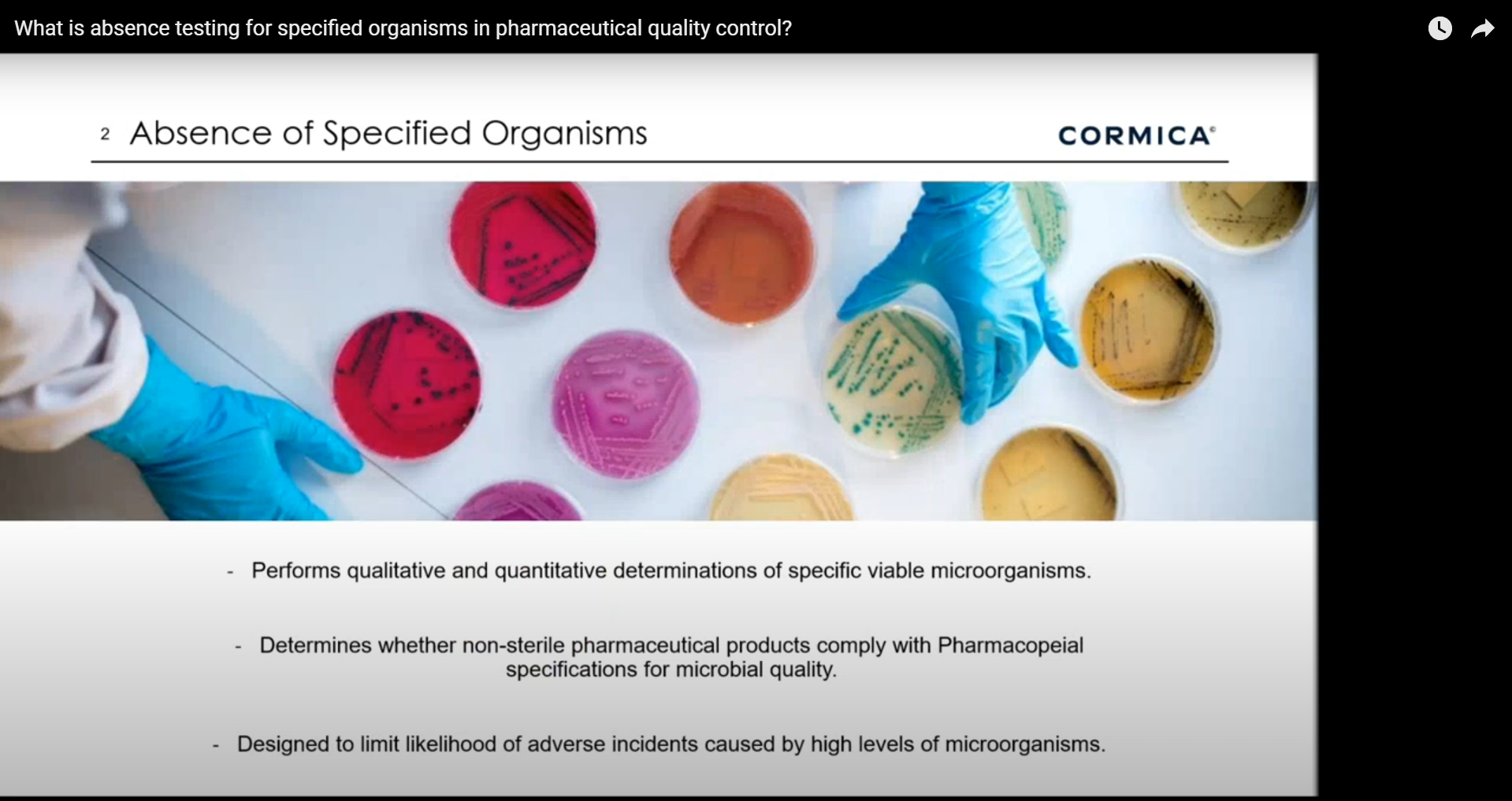 What is absence testing for specified organisms in pharmaceutical quality control?