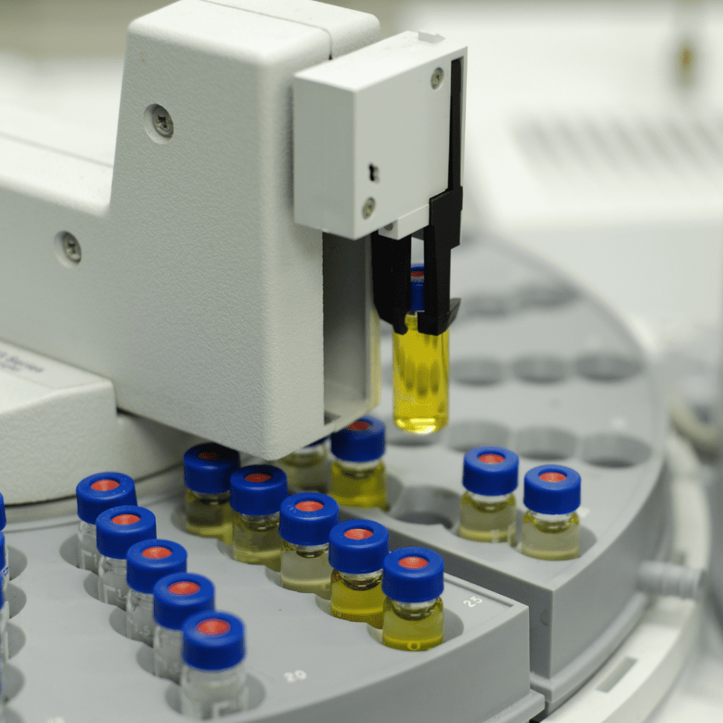 Vials on an autosampler of gas chromatography-mass spectrometer (GC-MS).