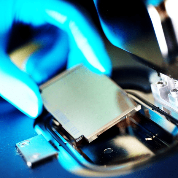 Close-up of a MALDI-TOF sample plate being loaded into the instrument, emphasising advanced microbial identification and laboratory technology.