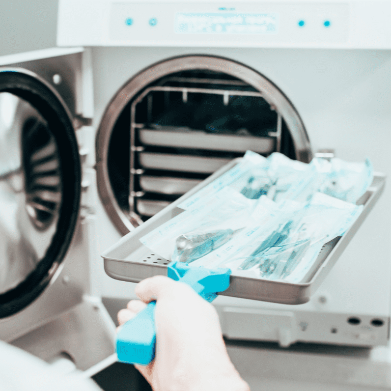 Scientist loading medical instruments into an autoclave sterilizer