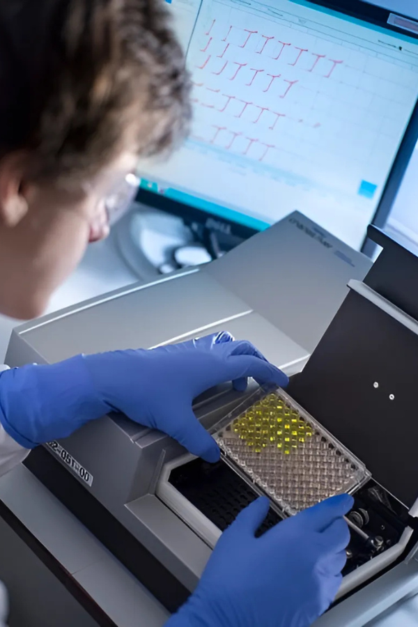 A laboratory technician performs an endotoxin assay in the lab.