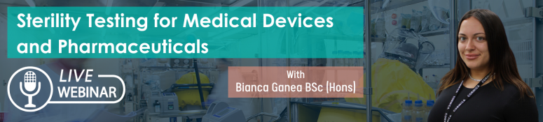 Inner hero image with the title of our webinar and presenter photo and name alongside it. The background image features one of our isolators from our sterility lab.