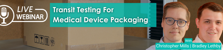 Wide banner for Cormica's webinar, featuring the title 'Transit Testing for Medical Device Packaging' in large white and teal text against a background image showing a close-up of a cardboard box. On the right, headshots of presenters Christopher Mills and Bradley Lethby are displayed, with their names captioned below.